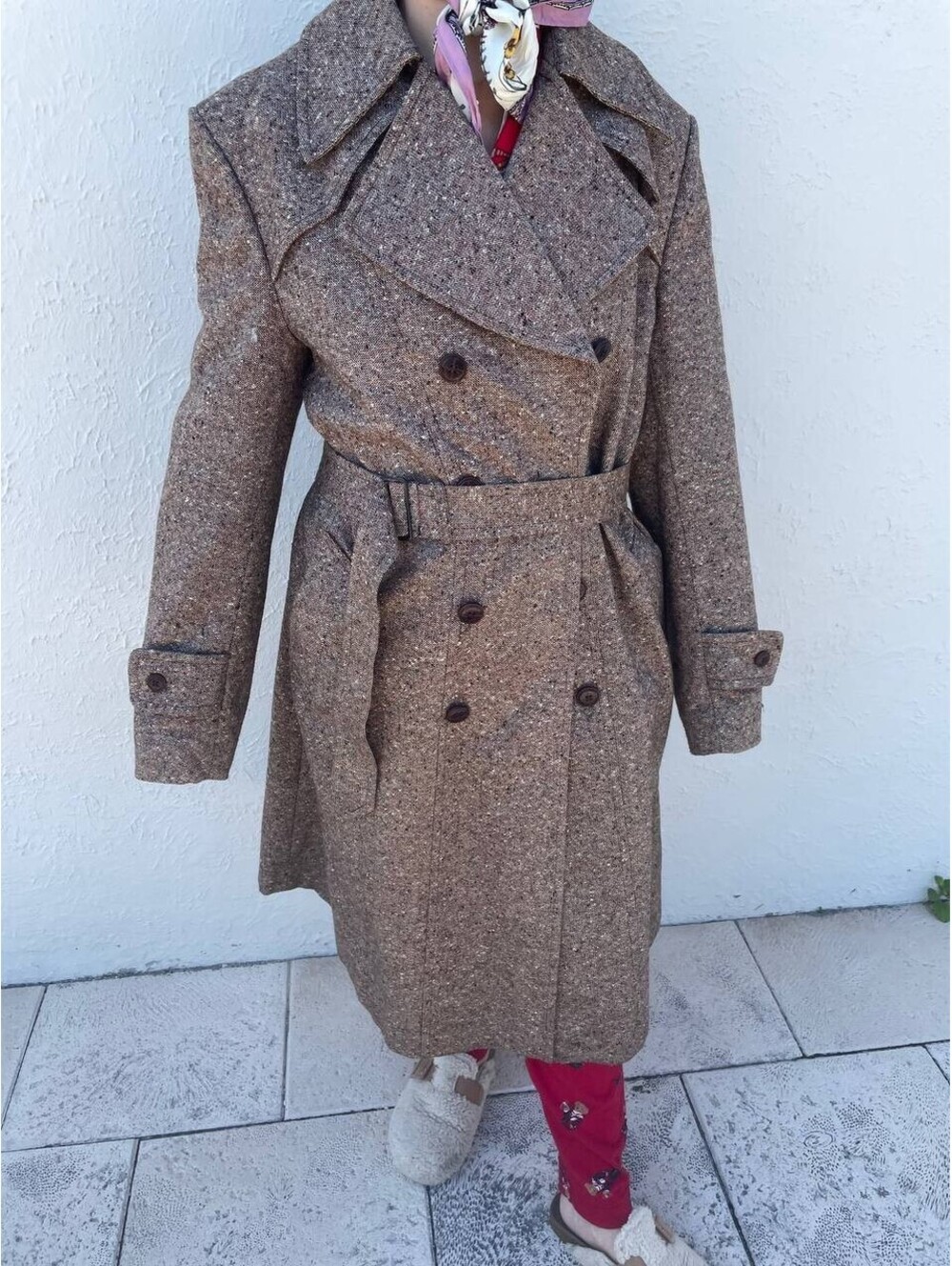 Vintage Pierre Cardin Tweed Trench Coat Women Belted Wool Blend 1980s